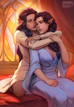 Rule 34 | 2girls, absurdres, blue robe, braid, breasts, cheekbones, cleavage, commentary, commission, dress, elf, english commentary, fantasy, highres, large breasts, long hair, multiple girls, original, pointy ears, poofroom fanart, purple hair, robe, single braid, sitting, window, yellow dress, yuri