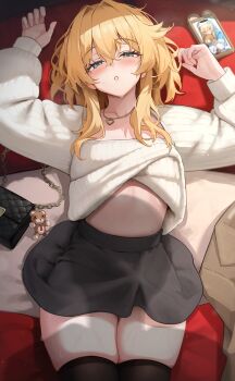 1boy absurdres aroused belly black_skirt blonde_hair blue_eyes bridget_(guilty_gear) bulge clothes_lift commentary_request erection erection_under_clothes guilty_gear guilty_gear_strive hakusyokuto half-closed_eyes highres jewelry long_hair looking_at_viewer lying male_focus necklace on_back on_bed phone roger_(guilty_gear) shadow skirt stuffed_animal stuffed_toy sweat sweater sweater_lift teddy_bear thighhighs thighs trap