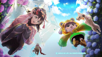 Rule 34 | 2girls, brown eyes, brown hair, character request, cloud, dog, fighting ex layer, full body, hair ribbon, highres, holding, holding umbrella, long hair, multiple girls, nanase (arika), official art, official wallpaper, open mouth, rain (technictix), ribbon, sanane, smile, technictix, umbrella