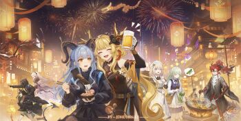 1boy 1other 2026 6+girls absurdres aerial_fireworks animal_ears apron architecture arknights bang_dream! bang_dream!_it's_mygo!!!!! beer_mug black_dress black_gloves black_hair black_jacket black_ribbon blonde_hair blue_dress blue_hair carrying chinese_commentary chopsticks closed_eyes commentary_request cooking cucumber cup detached_sleeves doctor_(arknights) dog_ears dog_girl dragon_bubble_(arknights) dress east_asian_architecture fireworks food gloves green_dress green_hair hair_between_eyes hair_ribbon highres holding holding_chopsticks holding_cup hood hood_up horns jacket jdhlfire lantern leizi_(arknights) leizi_the_thunderbringer_(arknights) ling_(arknights) long_hair maid maid_apron maid_headdress misumi_uika misumi_uika_(perro) mon3tr_(arknights) mug multiple_girls open_mouth pinafore_dress pink_hair platinum_(arknights) pointing pointy_ears ponytail purple_eyes red_hair ribbon shoulder_carry sidelocks sleeveless sleeveless_dress sweatdrop swire_(arknights) takoyaki teeth theresa_(arknights) thigh_strap togawa_sakiko togawa_sakiko_(sarkaz) upper_teeth_only wakaba_mutsumi wakaba_mutsumi_(cautus) white_background wok yu_(arknights)