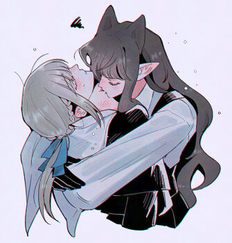 2girls arms_around_neck biting black_gloves blue_ribbon blush brown_hair chromatic_aberration closed_eyes commentary english_commentary gloves grey_hair hair_ribbon highres hug long_hair maybecrosswise multiple_girls neck_biting original pointy_ears purple_background ribbon shirt simple_background vampire white_shirt yuri