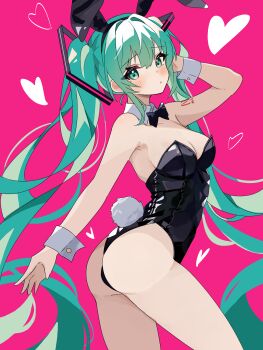 absurdres animal_ears aqua_hair armpits ass bare_legs black_bow black_bowtie black_leotard bow bowtie breasts coco_irasuto detached_collar fake_animal_ears green_eyes hatsune_miku heart highres leotard long_hair medium_breasts pink_background playboy_bunny rabbit_ears rabbit_tail strapless strapless_leotard tail twintails vocaloid wrist_cuffs