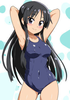 1girl akiyama_mio arms_behind_head black_eyes black_hair black_one-piece_swimsuit blush collarbone commentary_request covered_erect_nipples covered_navel k-on! long_hair looking_at_viewer mizusaki_johnko old_school_swimsuit one-piece_swimsuit polka_dot polka_dot_background school_swimsuit solo swimsuit white_background