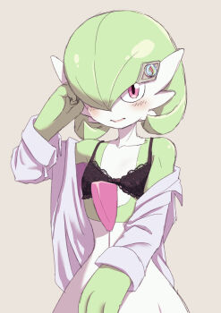 bare_shoulders blush bra colored_skin gardevoir gen_3_pokemon hair_ornament hairclip highres himewe looking_at_viewer mega_stone nintendo no_humans off_shoulder open_clothes open_mouth open_shirt pink_eyes pokemon pokemon_(anime) pokemon_(creature) poketoon shirt simple_background solo underwear