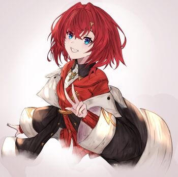 1girl absurdres ange_katrina ange_katrina_(1st_costume) black_coat blue_eyes blush cardigan coat commentary_request cropped_torso crossed_bangs grey_background grin hair_between_eyes hair_intakes hair_ornament hand_up highres lips long_sleeves looking_at_viewer medium_hair misto_(nnvy3472) nijisanji off_shoulder red_cardigan red_hair simple_background smile solo triangle_hair_ornament virtual_youtuber w