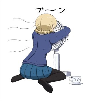 Rule 34 | 1girl, black thighhighs, blue sweater, braid, cup, darjeeling (girls und panzer), electric fan, girls und panzer, highres, hug, omachi (slabco), school uniform, sitting, st. gloriana's school uniform, sweat, sweatdrop, sweater, teacup, thighhighs