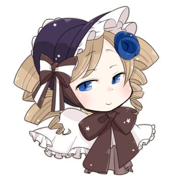 1girl arch_bishop_(ragnarok_online) black_bonnet blue_eyes blush bonnet bow bowtie brown_bow brown_bowtie brown_hair closed_mouth commentary_request dress drill_hair frilled_dress frills looking_at_viewer medium_hair oekakipikki portrait ragnarok_online simple_background smile solo twin_drills white_background white_dress