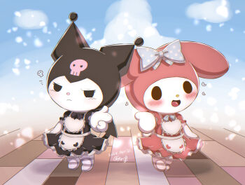 2girls :d animal_ears apron black_dress blush chibikemo commentary_request dated demon_tail dress frown furry furry_female highres kuromi looking_at_viewer multiple_girls my_melody my_melody_(series) open_mouth outdoors pink_dress rabbit_ears rabbit_girl sanrio signature skull_print sky smile solid_oval_eyes standing tail white_apron zeruma