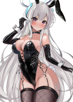 1girl absurdres alternate_costume animal_ears black_choker black_garter_straps black_gloves black_leotard black_thighhighs blue_archive blush breasts choker cleavage closed_mouth commentary_request elbow_gloves fake_animal_ears garter_straps gloves grey_hair grey_halo hair_between_eyes halo hand_up highleg highleg_leotard highres leotard long_hair looking_at_viewer medium_breasts noa_(blue_archive) o-ring playboy_bunny purple_eyes rabbit_ears smile solo strapless strapless_leotard syuma thighhighs very_long_hair white_wrist_cuffs wrist_cuffs