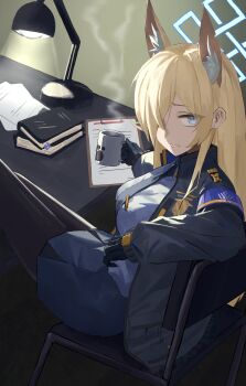 1girl absurdres animal_ears armband black_gloves black_jacket black_necktie black_pantyhose blonde_hair blue_archive blue_armband blue_halo blue_shirt blue_sky chair coffee_mug commentary_request cup desk dog_ears drinking_glass gloves halo herakuchi highres holding holding_cup jacket kanna_(blue_archive) lamp long_hair looking_at_viewer mug necktie notebook one_eye_covered pantyhose partially_shaded_face sharp_teeth shirt sitting sky solo teeth