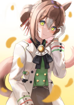 1girl absurdres animal_ears black_ribbon black_skirt brown_hair buttons closed_mouth clover_hair_ornament colored_tips commentary double-breasted falling_petals fine_motion_(noble_seamair)_(umamusume) fine_motion_(umamusume) gloves gradient_background green_eyes green_shirt guree_(haiiro) hair_between_eyes hair_ornament hair_ribbon hand_in_own_hair highres horse_ears horse_girl jacket long_sleeves looking_at_viewer multicolored_hair neck_ribbon petals red_ribbon ribbon shirt skirt smile solo two-tone_ribbon umamusume white_background white_gloves white_jacket white_ribbon yellow_background