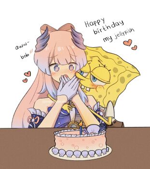 1boy 1girl bare_shoulders blue_gloves blue_hair cake candle commentary_request crossover dress english_text flirting food genshin_impact gloves gradient_hair heart highres hug multicolored_hair off-shoulder_dress off_shoulder pink_hair purple_eyes r_(melaniakxle) sangonomiya_kokomi simple_background spongebob_squarepants spongebob_squarepants_(series) what white_background