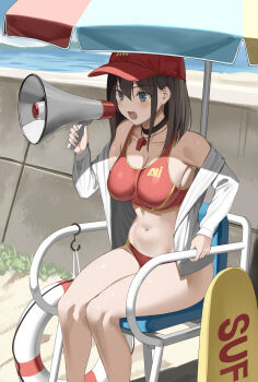 1girl bare_shoulders beach bikini black_choker blue_eyes blush breasts brown_hair buruma chair choker collarbone commentary duplicate hair_between_eyes hat highres holding holding_megaphone jacket kureha_(ironika) large_breasts lifebuoy lifeguard lifeguard_chair long_hair megaphone navel ocean open_clothes open_jacket open_mouth original outdoors pixel-perfect_duplicate red_bikini red_buruma red_sports_bra sitting solo sports_bikini sports_bra stomach swim_ring swimsuit thighs translated tsubasa_(kureha) water whistle whistle_around_neck white_jacket