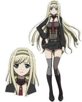 bad_tag belt blonde_hair emerald_eyes hairband high_heels kamiyugi_ayase lips long_boots long_hair long_sleeves lowres miniskirt necktie non-web_source pleated_skirt red_necktie skirt thighhighs wallet_chain z/x z/x_ignition