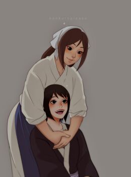 Rule 34 | 2girls, apron, artist name, ayame (naruto), bandana, black eyes, black hair, black kimono, blue apron, blush, breasts, brown hair, commentary, english commentary, fan request, grey background, heart, highres, hug, hug from behind, japanese clothes, kankuroplease, kimono, long hair, looking at another, multiple girls, naruto (series), obi, sash, shizune (naruto), short hair, simple background, small breasts, smile, solo, white bandana, white kimono, yuri