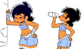 1girl bandaged_arm bandages bandaid bandaid_on_face black_hair blush bottle cande_ciarrocca closed_eyes commentary dark-skinned_female dark_skin drinking hand_on_own_hip midriff multiple_views navel original ponytail sarashi symbol-only_commentary tan tanline tomboy