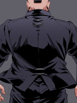 1boy black_hair black_pants collared_jacket cowboy_shot facial_hair from_behind grey_background highres jacket long_sleeves male_focus mohawk nekokawai1ii7 nintendo pants philippe_(pokemon) pokemon pokemon_legends:_z-a simple_background solo standing suit_jacket