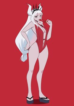 1girl absurdres black_hairband breasts cleavage commentary english_commentary food full_body grey_sandals hairband helltaker highres holding holding_food holding_popsicle horns lerimar long_hair looking_at_viewer low-tied_long_hair lucifer_(helltaker) medium_breasts navel one-piece_swimsuit open_mouth plunging_neckline popsicle red_eyes red_one-piece_swimsuit sandals simple_background smile solo swimsuit very_long_hair white_hair white_horns