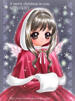 1girl angel_wings black_eyes black_hair capelet child christmas closed_mouth dress english_text feathered_wings gift_art hair_intakes holly hood hood_up hooded_capelet medium_hair merry_christmas mini_wings muff neck_ribbon nekozawa_yukari original red_capelet red_dress ribbon second-party_source sippo-soft smile snowflakes snowing solo standing upper_body watermark web_address white_ribbon white_wings wings
