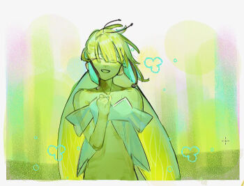 Rule 34 | 1girl, antenna hair, blonde hair, butterfly wings, colored skin, cookie run, cookie run: kingdom, humanization, insect wings, layered clothes, long eyelashes, long hair, looking at viewer, shinsoo kinoko, solo, sugarfly cookie, very long hair, wings, yellow skin