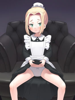 1girl blonde_hair blush closed_mouth commentary_request couch green_eyes highres loli long_sleeves looking_at_viewer maid meow_(nekodenki) on_couch original panties short_hair sitting solo underwear white_panties