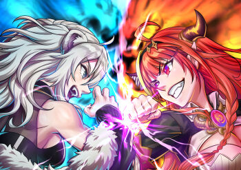 2girls ahoge animal_ear_fluff animal_ears black_hairband black_jacket bow braid breasts buru-dai cleavage clenched_hand cowlick diagonal-striped_bow dragon_girl dragon_horns electricity faceoff fang fangs fingernails from_side fur_trim grey_eyes hairband highres hololive horns jacket kiryu_coco kiryu_coco_(1st_costume) large_breasts lion_ears lion_girl medium_breasts multiple_girls off_shoulder open_mouth purple_eyes sharp_fingernails shishiro_botan shishiro_botan_(1st_costume) split_screen striped_bow v-shaped_eyebrows virtual_youtuber