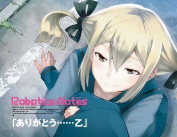 1boy 1girl arm_hug black_bow blazer blonde_hair blue_jacket blue_sailor_collar bow brown_eyes buttons chuo_tanegashima_high_school_uniform copyright_name from_above fukuda_tomonori grey_jacket grey_shirt hair_between_eyes hair_bow jacket koujiro_frau long_sleeves looking_at_viewer multiple_hair_bows official_art outdoors pov robotics;notes sailor_collar school_uniform science_adventure shirt sidelocks twintails winter_uniform yashio_kaito