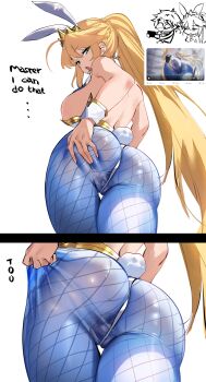 1girl absurdres animal_ears artoria_pendragon_(fate) artoria_pendragon_(swimsuit_ruler)_(fate) ass ass_focus backless_leotard bare_shoulders between_buttocks blonde_hair blue_pantyhose blush bouncing_ass braid breasts brown_dust_(series) brown_dust_2 curvy deep_skin english_text fate/grand_order fate_(series) fishnets from_behind fujimaru_ritsuka_(male) gloves grabbing_own_ass green_eyes hair_between_eyes hand_on_own_ass high_ponytail highres huge_ass large_breasts leotard long_hair looking_at_viewer lower_body luunamito pantyhose playboy_bunny pole ponytail rabbit_ears rabbit_tail skin_tight solo spread_ass stripper_pole sweat tail thick_thighs thighs tiara very_long_hair white_background white_gloves white_leotard wide_hips wilhelmina_(brown_dust) wilhelmina_(iron_monarch)_(brown_dust_2) wilhelmina_stretch_(meme)