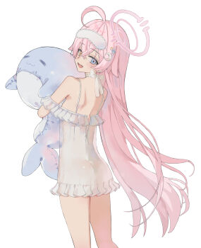 1girl :d ahoge alternate_costume ass back blue_archive blush commentary cowboy_shot dress eye_mask from_behind halo heterochromia highres hoshino_(blue_archive) hugging_object looking_at_viewer looking_back mask mask_on_head nightgown nyangpan open_mouth pink_hair see-through_clothes see-through_dress see-through_nightgown simple_background sleep_mask sleepwear smile solo standing stuffed_animal stuffed_toy stuffed_whale untranslatable_commentary white_background white_nightgown
