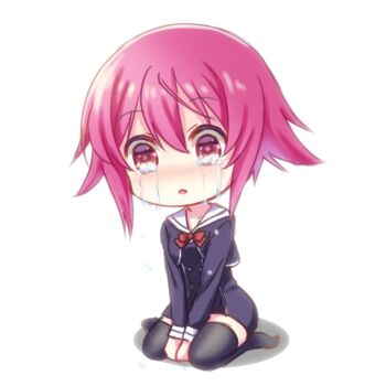 1girl :o blush chaos;child chibi commentary_request crying hekiho_academy_school_uniform highres kneeling livestream nishijou_myu onoe_serika open_mouth pink_eyes pink_hair school_uniform science_adventure short_hair short_hair_with_long_locks simple_background sitting solo tears thighhighs v_arms wariza white_background