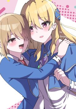 2girls :d absurdres blonde_hair blue_capelet blue_jacket blush brown_hair capelet collared_shirt dress hair_between_eyes hair_ornament hair_over_one_eye hand_on_another&#039;s_shoulder happy heaven_burns_red highres hug jacket kayamori_ruka long_hair long_sleeves looking_at_another lower_teeth_only multiple_girls necktie one_eye_covered open_mouth pink_eyes polka_dot polka_dot_background purple_eyes puyopiku red_eyes red_necktie school_uniform shirakawa_yuina shirt short_hair smile teeth twitter_username upper_body white_shirt yuri