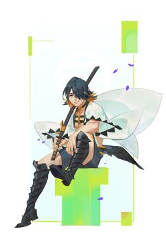 1boy black_boots boots commentary_request full_body hair_over_one_eye highres holding holding_sword holding_weapon japanese_clothes knee_up looking_at_viewer male_focus nagasone_kotetsu ncww_rinichi orange_eyes sitting smile solo sword touken_ranbu weapon wide_sleeves