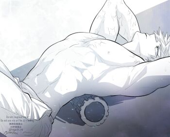 1boy arched_back armpits arms_up bakugou_katsuki boku_no_hero_academia closed_mouth commentary exercising greyscale male_focus monochrome multiple_scars navel nipples on_floor oroshi_mi pants pectorals scar scar_on_arm scar_on_chest short_hair solo spiked_hair symbol-only_commentary toned toned_male topless_male twitter_username watermark