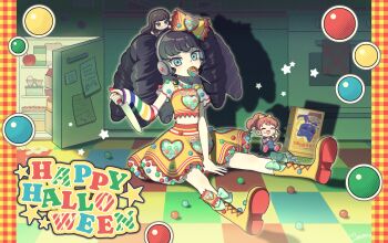 3girls :d absurdres between_legs black_hair blue_eyes boots bow brown_hair candy commentary_request detached_sleeves food full_body gaaruru_(pripara) hair_bow halloween halloween_costume hand_between_legs happy_halloween highres holding holding_knife indoors knife kurosu_aroma lollipop long_hair looking_at_viewer mini_person minigirl momokan_(mmkn100) mouth_hold multiple_girls neko_(pripara) on_floor open_mouth pretty_series pripara red_hair refrigerator shiratama_mikan shirt sitting skirt smile solo_focus star_(symbol) striped_sleeves swirl_lollipop twintails yellow_boots yellow_bow yellow_shirt yellow_skirt