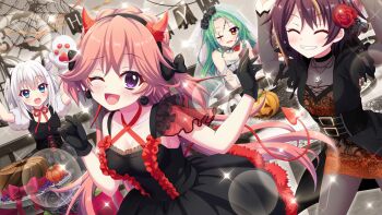 4girls :d ;d animal_ear_hairband animal_ears animal_hands arms_up bandou_mikuru belt birthday black_belt black_bow black_dress black_flower black_gloves black_hairband black_rose blonde_hair blue_eyes bow breasts bridal_veil brown_hair cake cat_ear_hairband cat_ears cleavage closed_eyes collarbone demon_tail detached_collar dot_nose dress dutch_angle earrings facial_scar fake_animal_ears fake_horns fake_scar fake_tail fang film_grain flower food forehead game_cg gloves green_hair grin haeno_akari hair_bow hair_bun hair_flower hair_ornament hairband halloween halloween_costume hand_up horn_hairband horns indoors izumi_tsubasu jack-o&#039;-lantern jewelry leaning_on_table lens_flare long_hair medium_breasts multicolored_hair multiple_belts multiple_girls neck_ribbon necklace nishidate_haku non-web_source official_art one_eye_closed open_mouth orange_dress orange_hair paw_gloves pumpkin purple_eyes re:stage! red_flower red_horns red_ribbon red_rose red_trim ribbon rose scar scar_across_eye scar_on_cheek scar_on_face scar_on_forehead see-through_cleavage see-through_clothes shirokita_kuroha short_hair short_twintails sidelocks silk single_side_bun small_breasts smile sparkle spider_web strapless strapless_dress streaked_hair streamers tail twintails two-tone_hair veil white_hair yellow_eyes