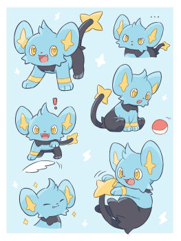 ! ... :&lt; :3 ^_^ absurdres animal_focus blue_background blue_theme border cat_teaser closed_eyes closed_mouth cropped_torso fang fang_out fangs full_body gen_4_pokemon half-closed_eyes happy highres lightning_bolt_symbol looking_down multiple_views neko_gyoza nintendo no_humans open_mouth poke_ball poke_ball_(basic) pokemon pokemon_(creature) ringed_eyes shinx simple_background sitting smile sparkle standing upper_body white_border yellow_eyes