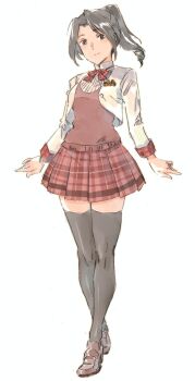 1girl black_eyes black_hair black_thighhighs bow bowtie brown_shoes character_request commentary_request copyright_request cropped_jacket full_body high_ponytail highres jacket loafers looking_at_viewer plaid_clothes plaid_skirt ponytail red_bow red_bowtie red_sweater_vest school shoes simple_background skirt solo standing suzumaru sweater_vest thighhighs white_background white_jacket zettai_ryouiki