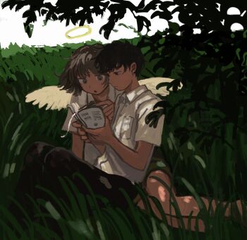 2023 2boys :o absurdres angel angel_wings arm_support black_hair black_pants book breast_pocket brown_shorts bush closed_mouth collared_shirt commentary_request day feathered_wings grey_eyes grey_hair halo highres holding holding_book lying male_focus minahamu multiple_boys on_grass on_side open_book open_mouth original outdoors pants pocket pointing reading_together shade shirt short_hair short_sleeves shorts sitting sky traditional_halo white_shirt wings