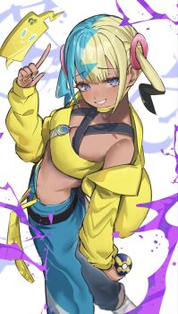 1girl bare_shoulders black_mask blonde_hair blue_eyes blue_hair blush breasts canari_(pokemon) cleavage clenched_teeth criss-cross_straps crop_top dark-skinned_female dark_skin gen_4_pokemon highres holding holding_poke_ball jacket long_sleeves looking_at_viewer mask mask_pull medium_breasts midriff mouth_mask multicolored_hair nail_polish nintendo off_shoulder open_clothes open_jacket pants poke_ball pokemon pokemon_legends:_z-a quick_ball ringozeri rotom rotom_phone smile solo split-color_hair teeth twintails two-tone_mask yellow_jacket yellow_mask