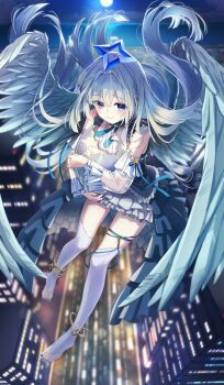 1girl absurdres amane_kanata angel_wings blue_eyes blue_nails closed_mouth commentary_request cracked_egg detached_sleeves feathered_wings floating_hair frilled_shirt frills full_moon hair_between_eyes highres hinata_habi hololive long_hair long_sleeves miniskirt moon nail_polish night night_sky see-through_clothes see-through_sleeves shirt skirt sky sleeveless sleeveless_shirt solo thighhighs toenail_polish toenails very_long_hair virtual_youtuber white_hair white_shirt white_thighhighs white_wings wings