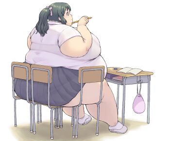 1girl black_hair blue_skirt bow chair desk fat fat_woman from_behind hair_bow highres holding holding_pencil katou_(katohayabusa) medium_hair multiple_chairs obese original pencil pink_bow ponytail red_eyes school_desk school_uniform shirt shoes sitting skindentation skirt solo thick_arms thick_thighs thighs white_background white_shirt