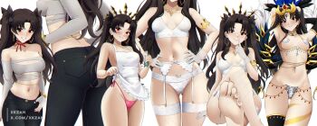 1girl absurdres alternate_costume apron armlet arms_up ass barefoot black_hair black_pants breasts choker crop_top dancer earrings fate/grand_order fate_(series) fishnet_thighhighs fishnets garter_straps gold_armlet gold_necklace grey_shirt grin hands_on_own_hips highres hoop_earrings ishtar_(fate) jewelry lingerie medium_breasts multiple_views navel navel_piercing nearly_naked_apron necklace panties pants parted_lips piercing pink_panties red_eyes revealing_clothes shirt simple_background single_thighhigh small_breasts smile soles stomach thighhighs thighs tiara toes two_side_up underwear white_background white_garter_straps xkzan