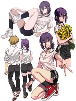 1boy 1girl absurdres animal_ears back black_choker black_pants black_shorts black_socks black_thighhighs blonde_hair blush bracelet cat_ears chainsaw_man choker collared_shirt commentary denji_(chainsaw_man) dot_nose double-parted_bangs english_commentary facing_away flower full_body green_eyes hair_between_eyes hair_bun highres holding holding_flower jewelry leg_up long_bangs looking_at_viewer lying medium_hair messy_hair multiple_views on_one_knee pants purple_hair red_shoes reze_(chainsaw_man) ring shiren_(ourboy83) shirt shirt_tucked_in shoes short_shorts shorts simple_background sleeveless sleeveless_shirt sleeves_rolled_up smile socks standing thighhighs thighs v walking_away watch white_background white_shirt white_shoes wristwatch yellow_flower