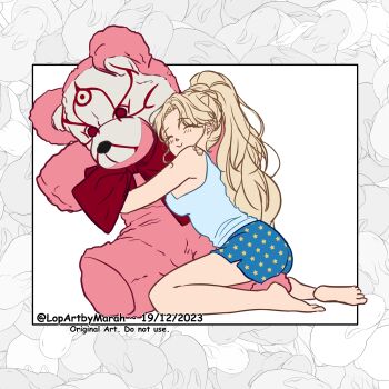 1girl absurdres alma_prisma_(lopartbymarah) bear blonde_hair blue_shorts bow bowtie breasts camisole commission dated english_text highres hug hugging_object large_teddy_bear long_hair lopartbymarah original parted_bangs pink_bear polka_dot polka_dot_shorts ponytail red_bow red_bowtie red_ribbon ribbon rwby seiza shorts sideboob signature simple_background sitting smile solo stuffed_animal stuffed_toy tank_top teddy_bear white_background white_camisole white_tank_top yellow_shorts