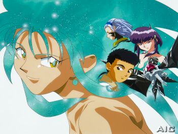 1990s_(style) 1boy 3girls blue_hairband brown_eyes facial_mark green_hair grey_hair greyscale hairband long_hair looking_at_viewer low_ponytail masaki_aeka_jurai masaki_tenchi monochrome multiple_girls nagi_(tenchi_muyou!) non-web_source official_art pointy_ears ponytail profile purple_hair red_eyes retro_artstyle ryou-ouki ryouko_(tenchi_muyou!) sidelocks smile tenchi_muyou!_uchuu_hen yellow_eyes