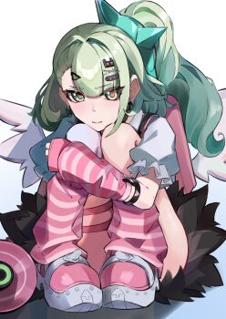 1girl bandaid bandaid_hair_ornament black_skirt chinatsu_remiel closed_mouth commentary_request earrings fur-trimmed_skirt fur_trim green_eyes green_hair hair_intakes hair_ornament head_on_knees head_rest heart heart_hair_ornament highres hugging_own_legs jewelry knees_up leg_warmers long_hair looking_at_viewer multiple_hair_clips multiple_thigh_straps musical_note_earrings pink_arm_warmers pink_bag pink_leg_warmers pink_shoes ponytail shadow shirt shoes sitting skirt solo striped_arm_warmers striped_leg_warmers thigh_strap user_yerf5583 white_background white_shirt white_wings winged_bag wings zenless_zone_zero