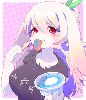 1girl animal_ears black_shirt blush body_fur border bow colored_tongue commentary_request cup disposable_cup disposable_ice_cream_cup disposable_spoon eyelashes fang food furry furry_female green_bow hair_between_eyes hair_bow highres ice_cream ice_cream_spoon original outside_border picogames_off pink_background ponytail rabbit_ears rabbit_girl red_eyes shirt solo spoon t-shirt tongue tongue_out upper_body white_border white_fur white_hair