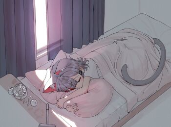 1girl alarm_clock animal_ears bed broken cat_ears cat_girl cat_tail clock curtains extra_ears grey_hair highres hugging_object indoors lying mallet multicolored_hair neneko_mashiro on_bed on_side pillow pillow_hug red_hair shirt short_hair short_sleeves sleeping sseonyu stellive streaked_hair sunlight tail under_covers virtual_youtuber white_shirt window