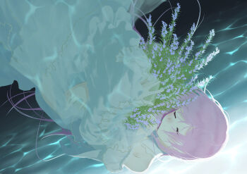 1girl absurdres alternate_hair_length alternate_hairstyle bare_shoulders blush bouquet caustics closed_eyes closed_mouth commentary_request cowboy_shot dress flower flower_request frilled_dress frills highres holding holding_bouquet hugging_object kukik0701 long_hair long_sleeves nijisanji off-shoulder_dress off_shoulder pink_hair sinking solo underwater upside-down virtual_youtuber white_dress yuuhi_riri yuuhi_riri_(6th_costume)