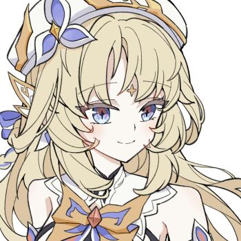1girl bad_source bare_shoulders blonde_hair blue_eyes bow braid closed_mouth cross-shaped_pupils facial_mark forehead_mark genshin_impact gpa_woyongshenme_cainengbaniliuzhu hat highres long_hair looking_at_viewer nicole_reeyn parted_bangs simple_background smile solo symbol-shaped_pupils upper_body white_background